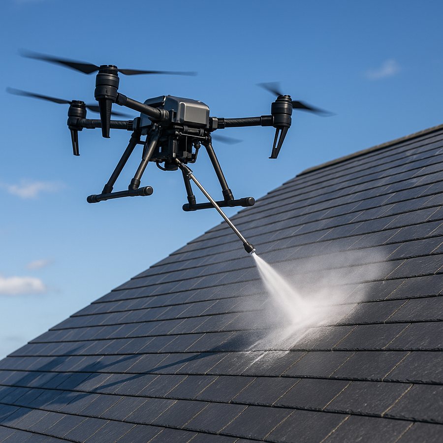 Drone de pulvérisation RenoDrone traitant une toiture en ardoises
