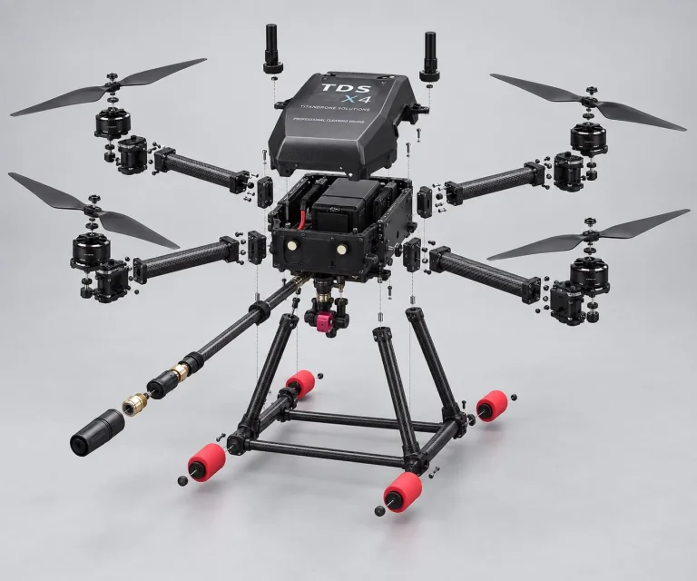 Vue éclatée du drone TDS X4 : bras en fibre de carbone, moteurs et lance haute pression