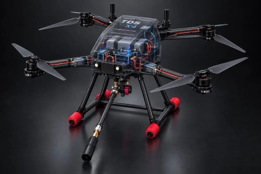 Drone de nettoyage TDS X4 conçu et fabriqué par RenoDrone, coque ouverte sur son électronique embarquée